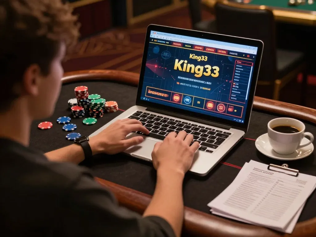 Person engaging with king33 online casino games on laptop, showcasing strategic gambling atmosphere with coffee and notes