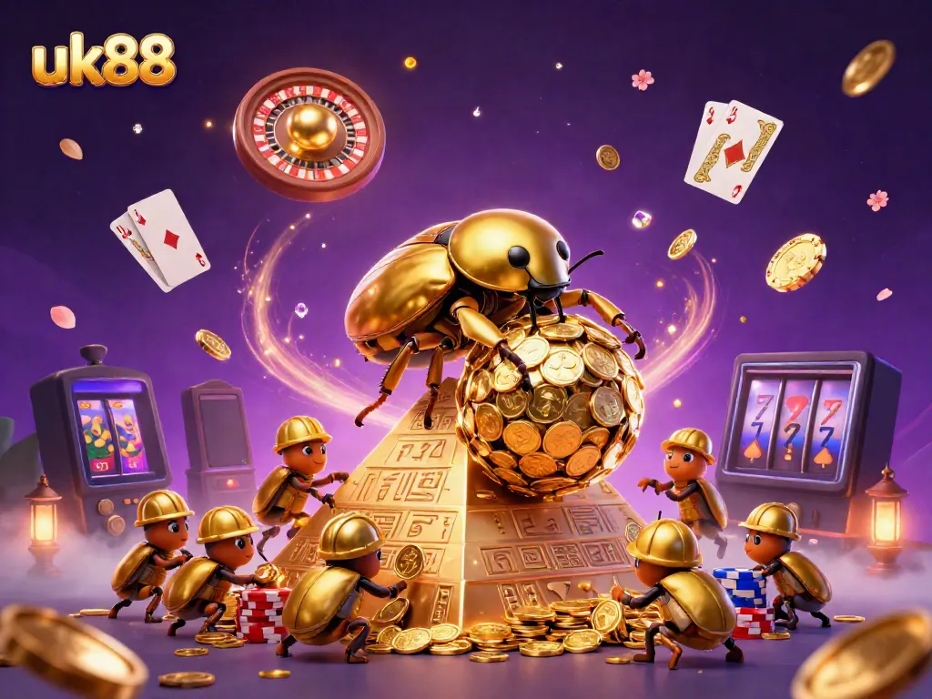 Experience the thrill of uk88 betting with golden beetles, coins, and vibrant casino elements.