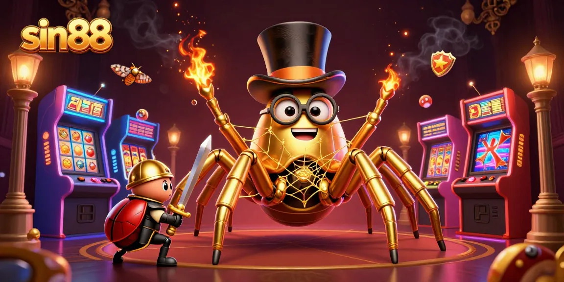 Experience thrilling wins at sin88 with a vibrant casino scene featuring a golden tarantula and beetle knight.