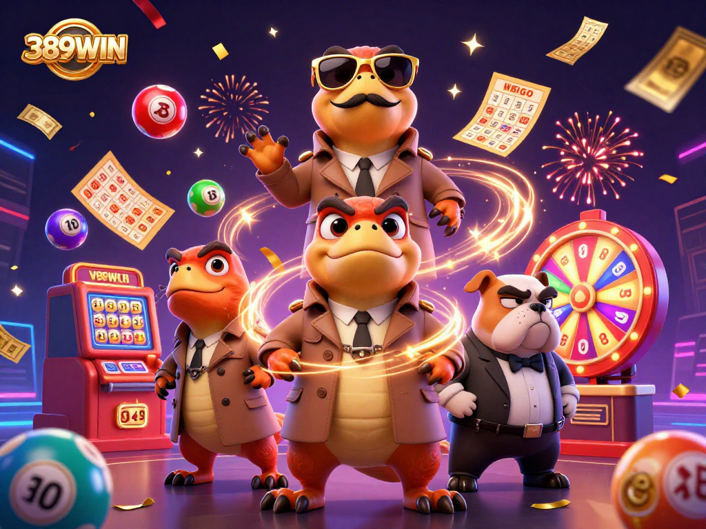 Join the excitement at 389WIN as colorful lottery balls bounce in a vibrant casino scene.
