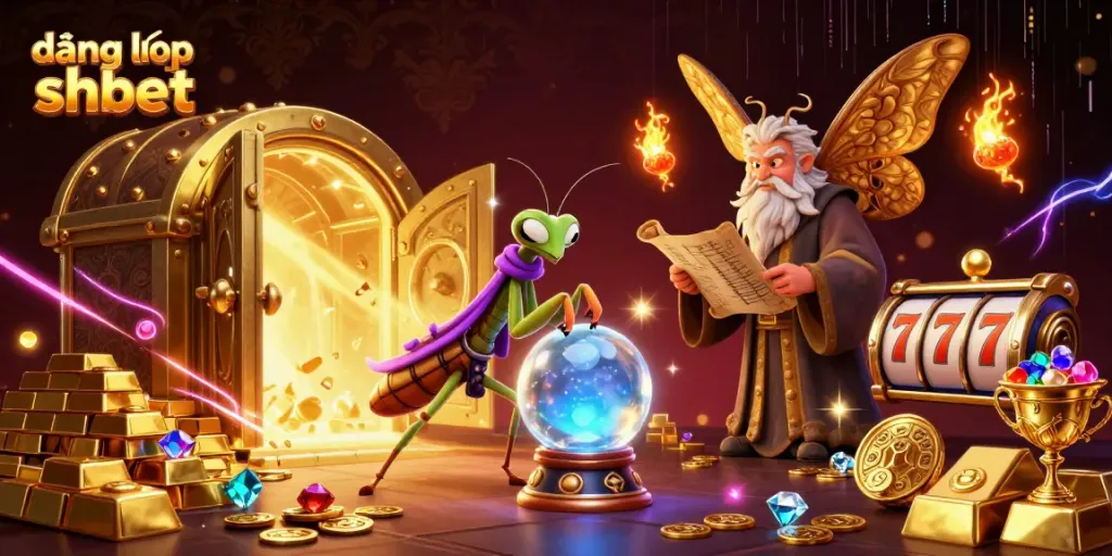 Experience the magic of đăng nhập shbet with a whimsical illustration featuring a fortune teller and treasures.