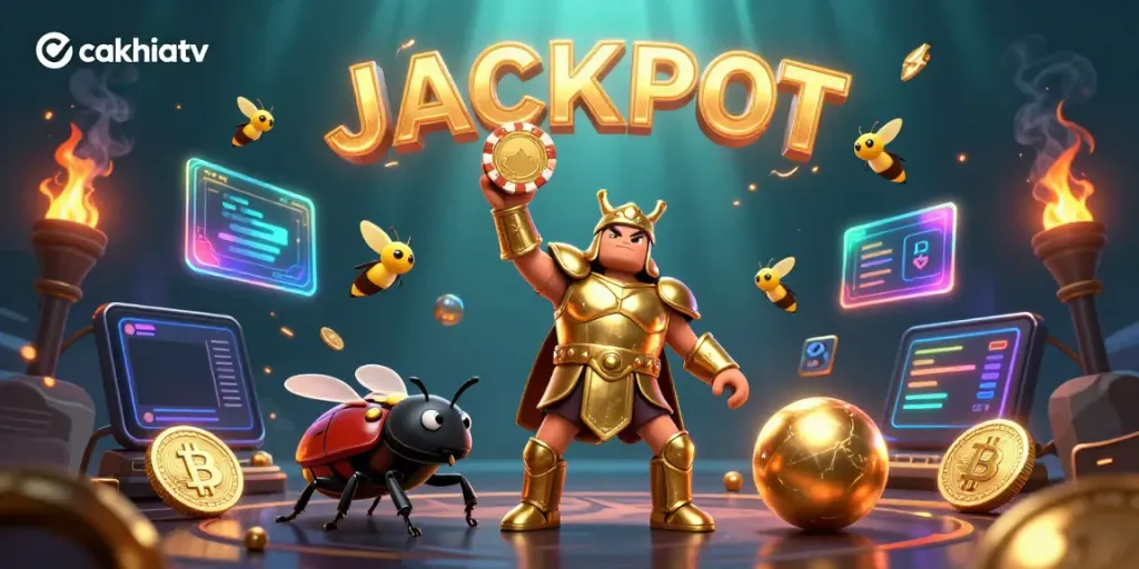 Experience the brilliance of cakhiatv with a magical 3D scene celebrating online gambling success and victory.