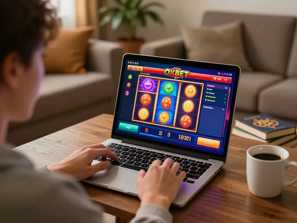 Experience thrilling gameplay at oxbet casino with vibrant slot machines on a laptop in a cozy setting