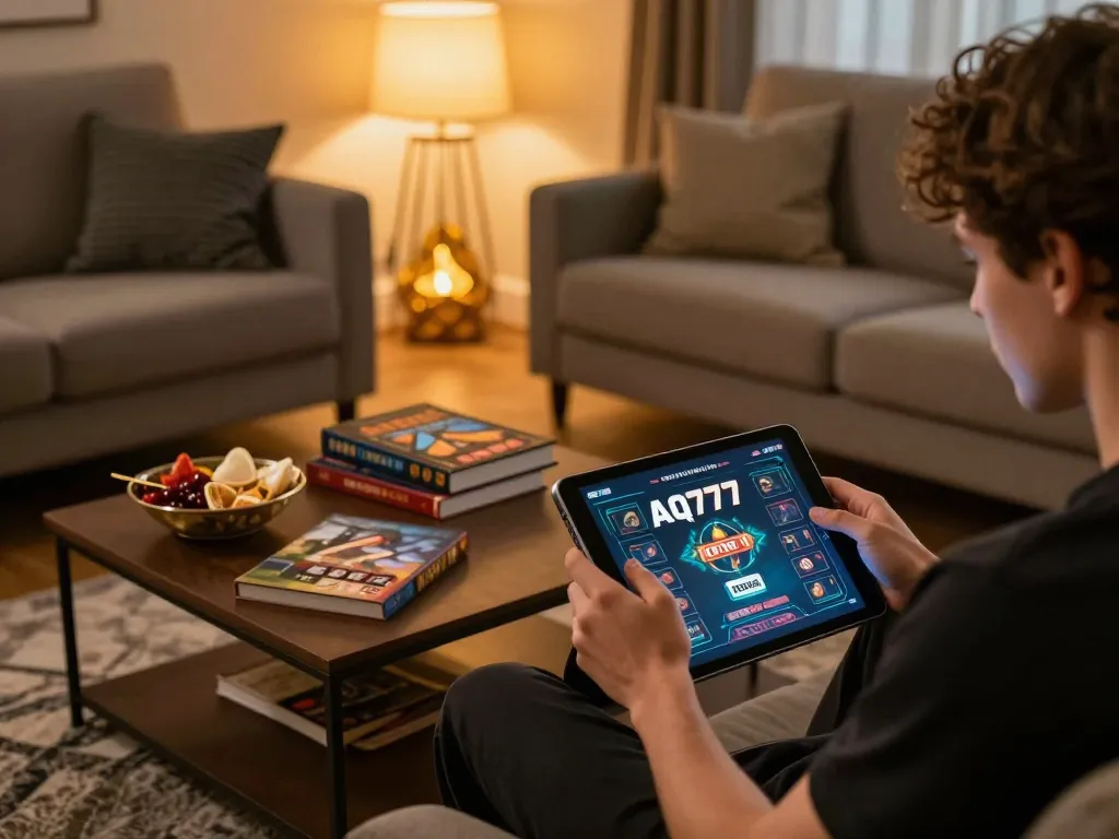 Uma pessoa desfrutando de um emocionante jogo online no AQ777 com um tablet em um ambiente aconchegante de sala de estar.