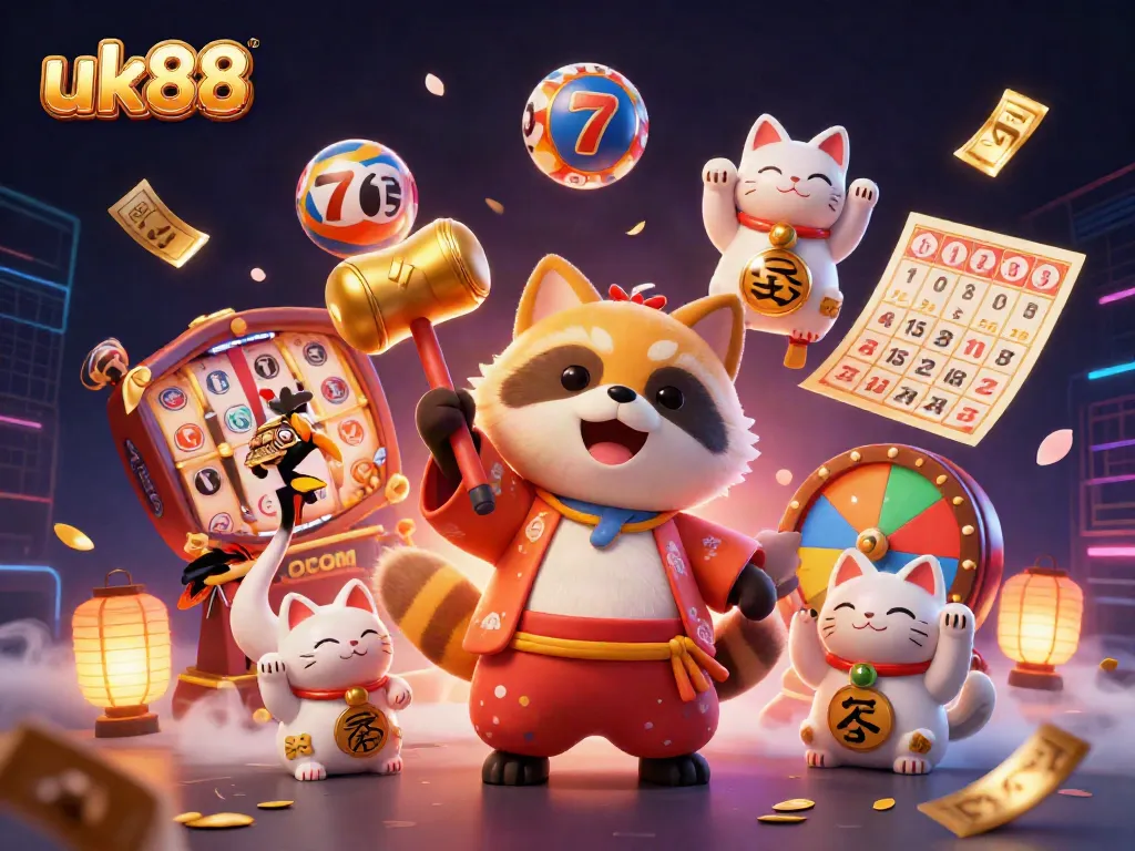 Experience thrilling casino fun with uk88's vibrant 3D illustration showcasing a lucky tanuki and maneki-neko amidst dynamic game elements.