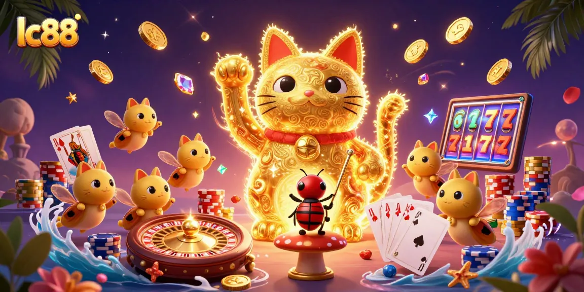 Play exciting casino games with lc88's vibrant lucky cat illustration and dynamic gaming elements.