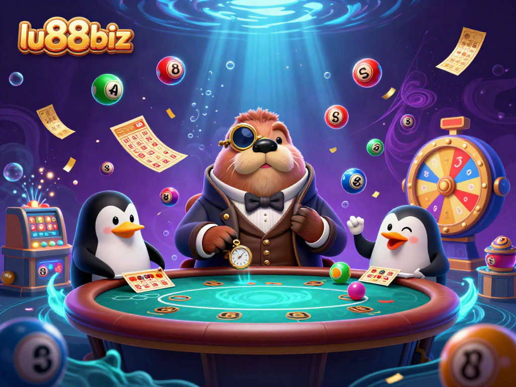 Engage in fun lottery games with the enchanting scene at lu88biz featuring cards and prizes.