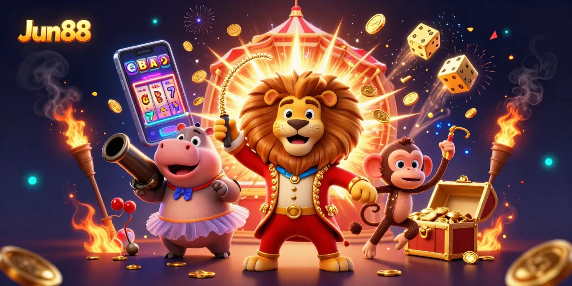 Experience thrilling wins at Jun88 with a dazzling 3D slot machine explosion and vibrant casino characters.