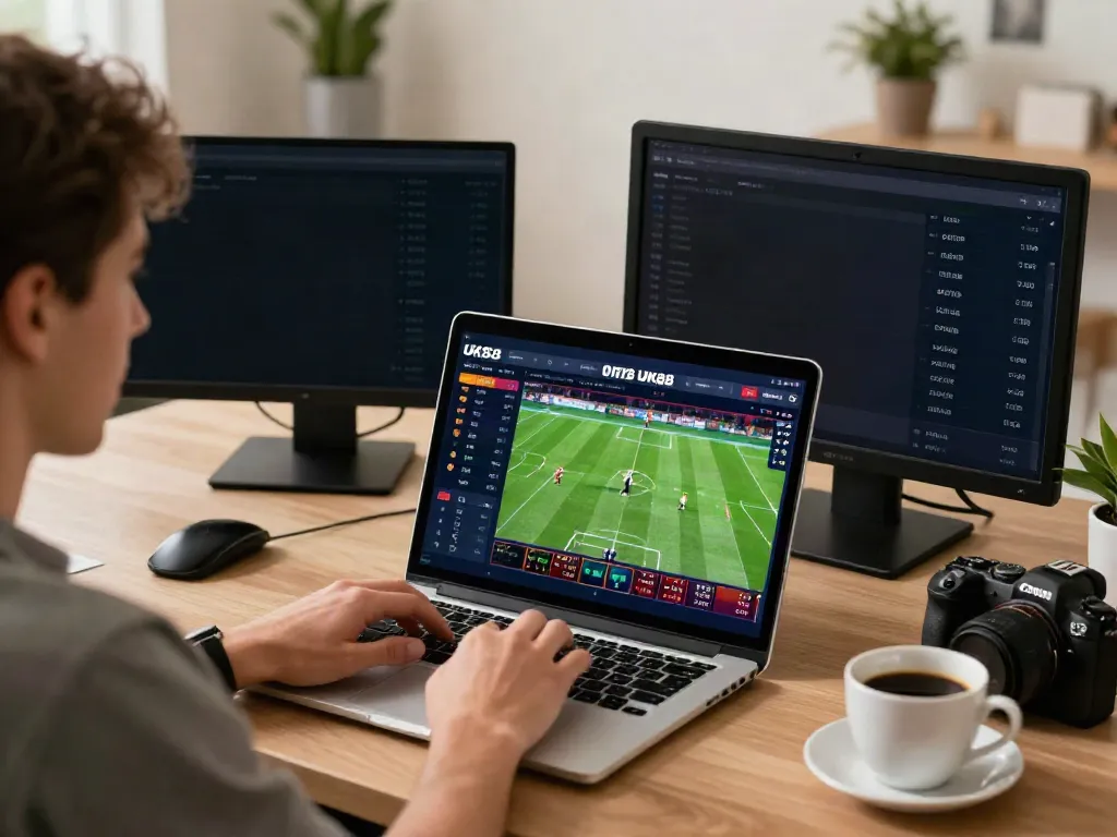 Engaged user exploring online betting at https://uk88win.org/ with laptop and smartphone, showcasing sports excitement.