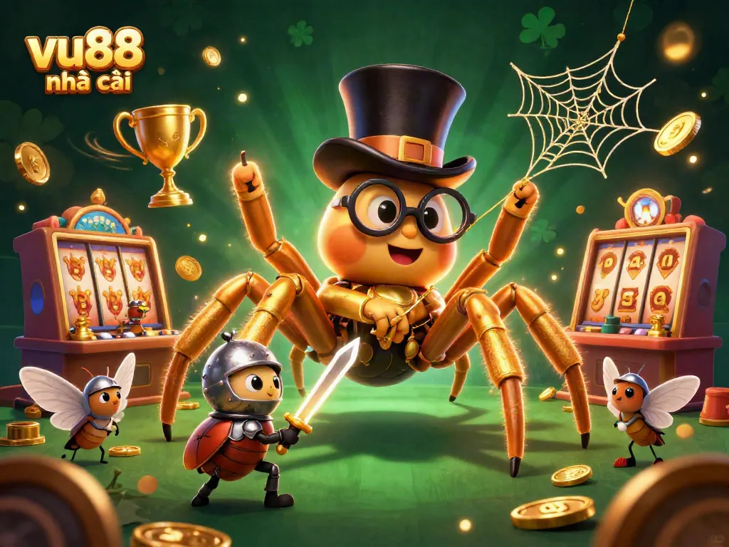 Engage with the vivid world of vu88 nhà cái featuring a playful golden spider, brave beetle knight, and captivating casino themes.
