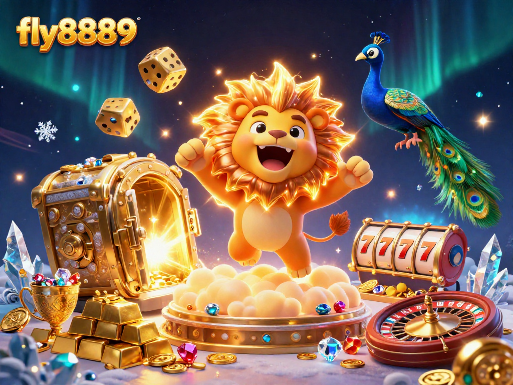 Engage in thrilling spins and wins at fly8889 with a vibrant casino scene illustrating slots and regal characters.
