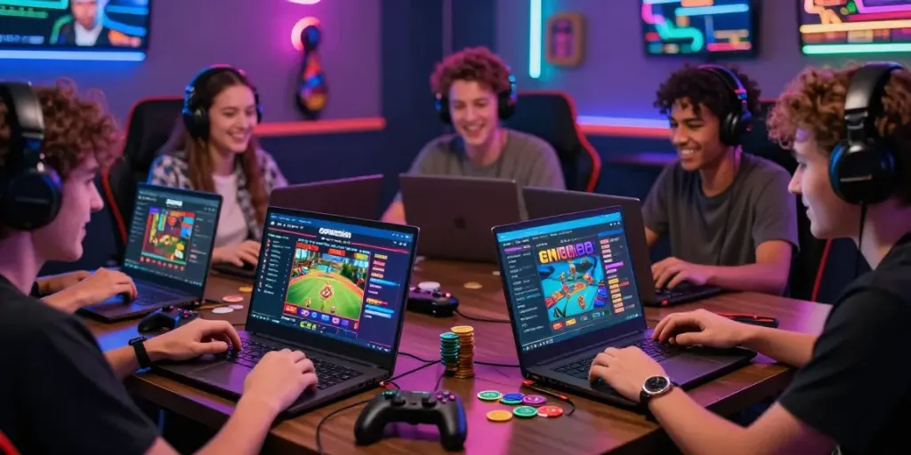 Players enjoying GEM88 on multiple devices in a vibrant gaming room.