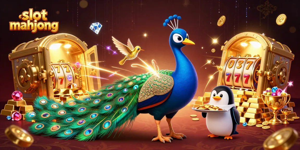 Play slot mahjong with excitement featuring peacock and treasures in vibrant 3D art.