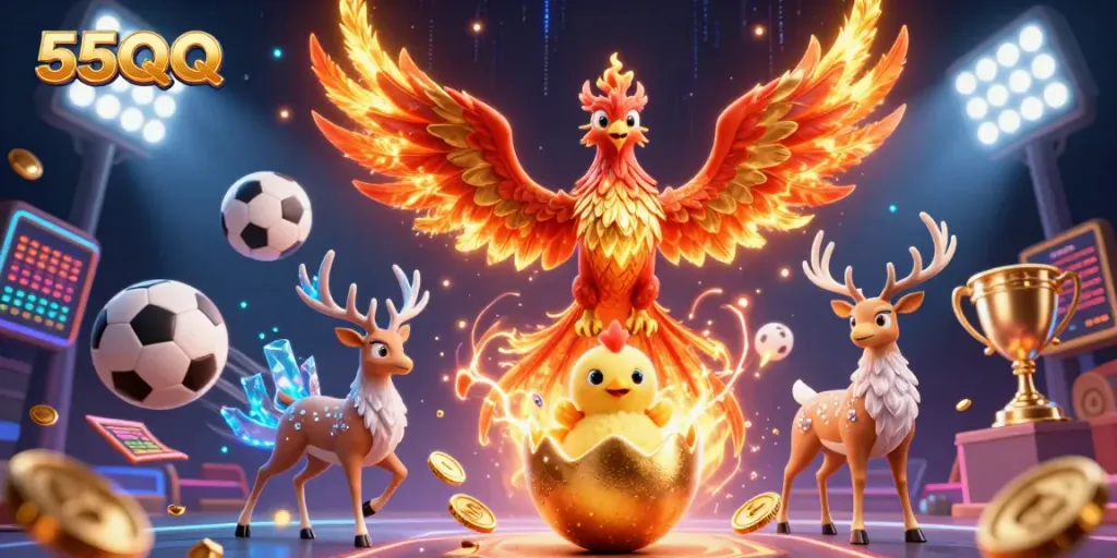 Bet on thrilling sports moments with 55QQ's vibrant 3D phoenix gaming scene.
