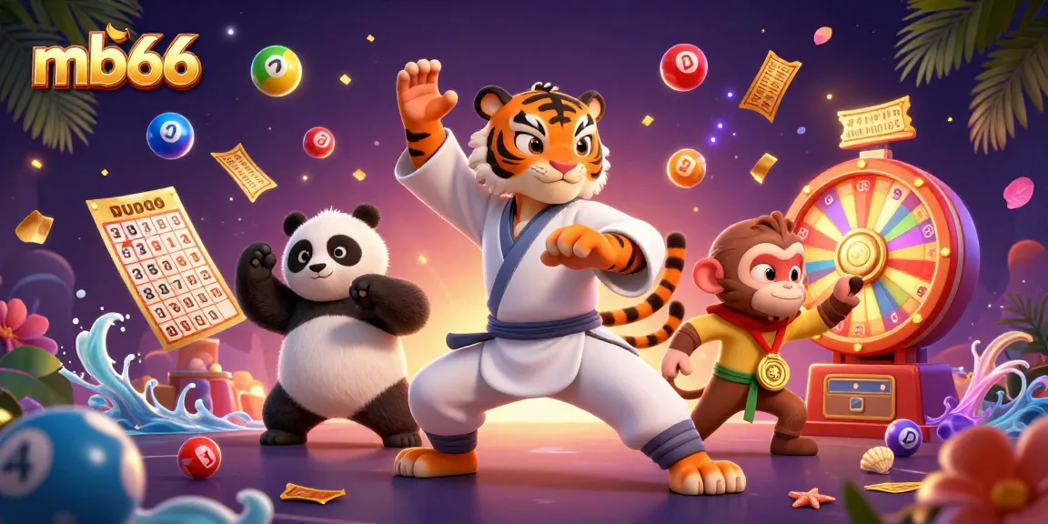 Engage in thrilling gameplay at mb66 with a dynamic 3D illustration featuring a kung fu master amidst casino elements.