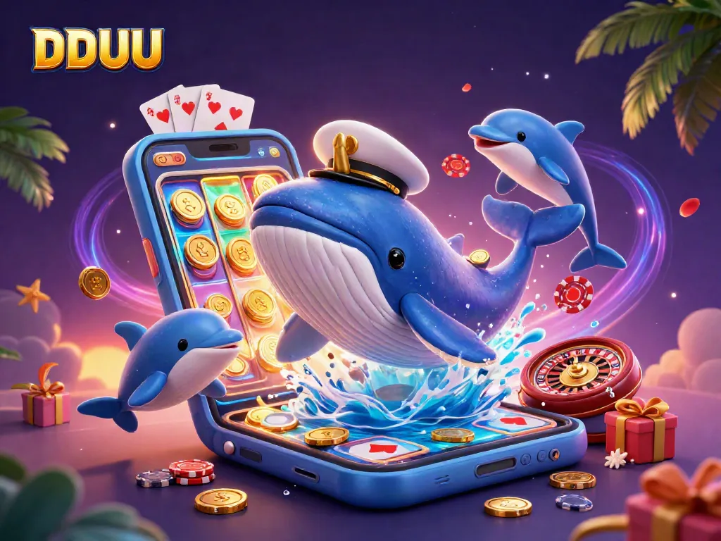 Engage with DDUU's vibrant online gaming environment featuring a whale, narwhal, and dolphins.