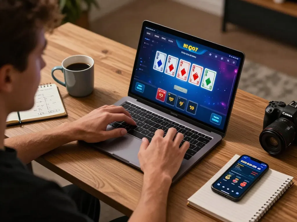 Player engaging with gk88 poker game on laptop in cozy, strategic home setting.