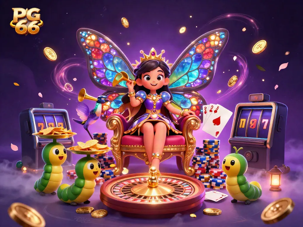 Experience the enchanting world of PG 66 with captivating games and vibrant colors in a casino-themed digital art.