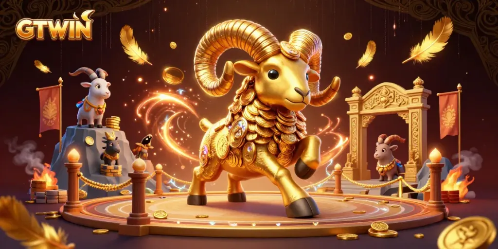 GTWIN casino action featuring massive golden ram charging through a vibrant gambling arena.