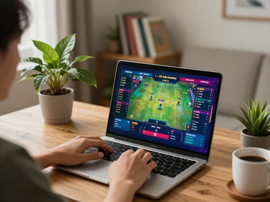 Watch live đá gà thomo matches on a laptop in a cozy home gaming setup.