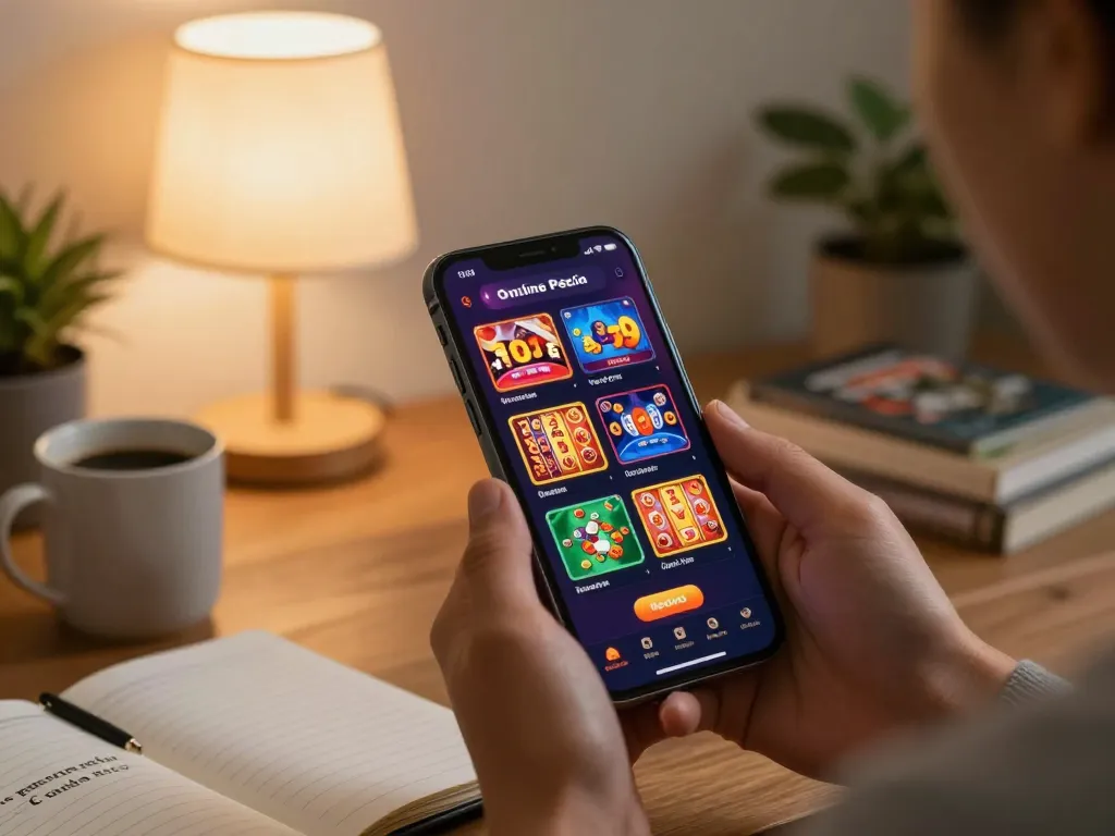 Engaged user interacting with TV88 casino app on smartphone in cozy home setting.