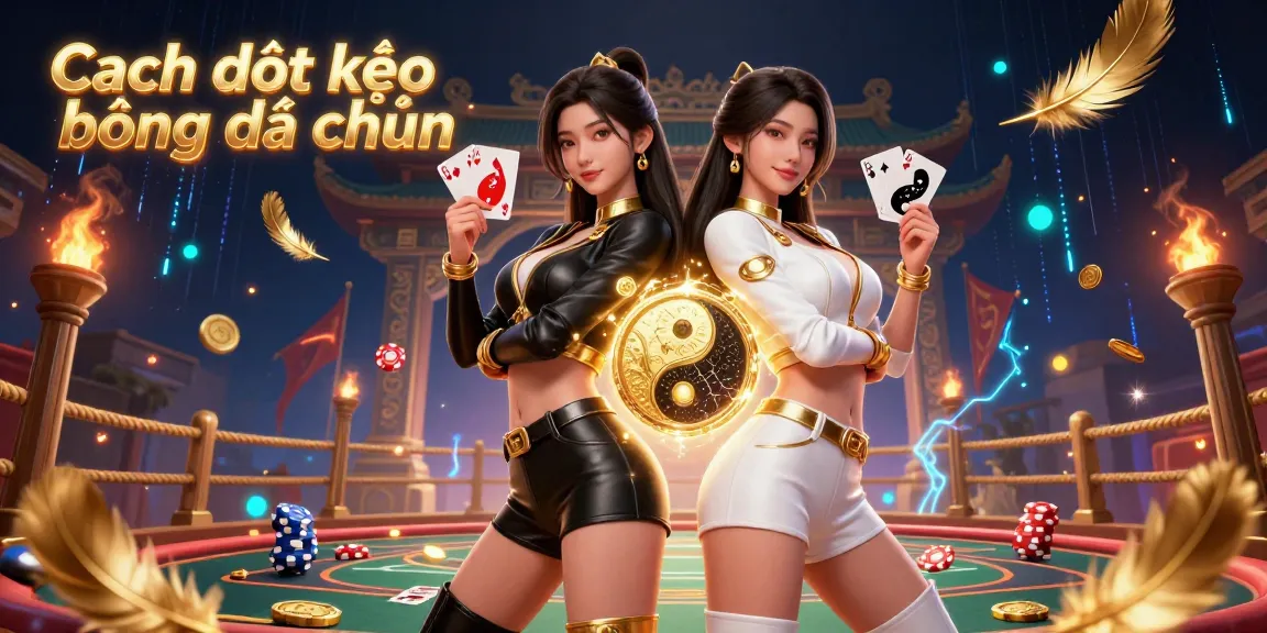 Cách đọc kèo bóng đá chuẩn showcased by stunning twin Asian women presenting playing cards in an energetic sports betting arena.