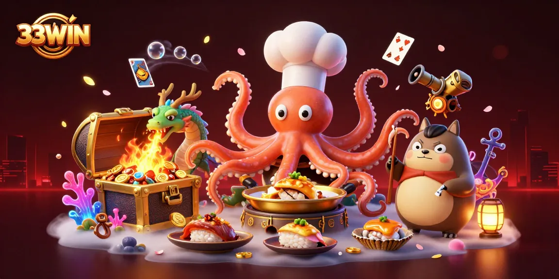 Engage with the thrilling experience at 33WIN through an exciting scene of vibrant casino activities featuring unique characters.