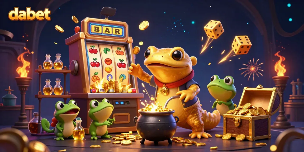 dabet players enjoying a vibrant casino scene with a golden salamander alchemist and a jackpot slot machine