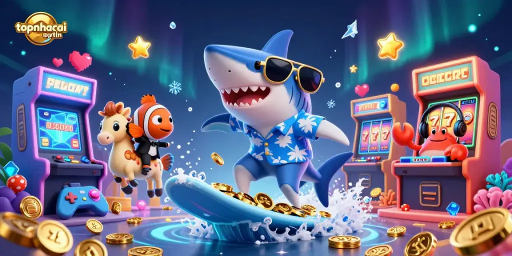 topnhacaiuytin offers a vibrant and engaging casino scene featuring a surfing hammer-head shark, a tuxedo clownfish, and a crab DJ.