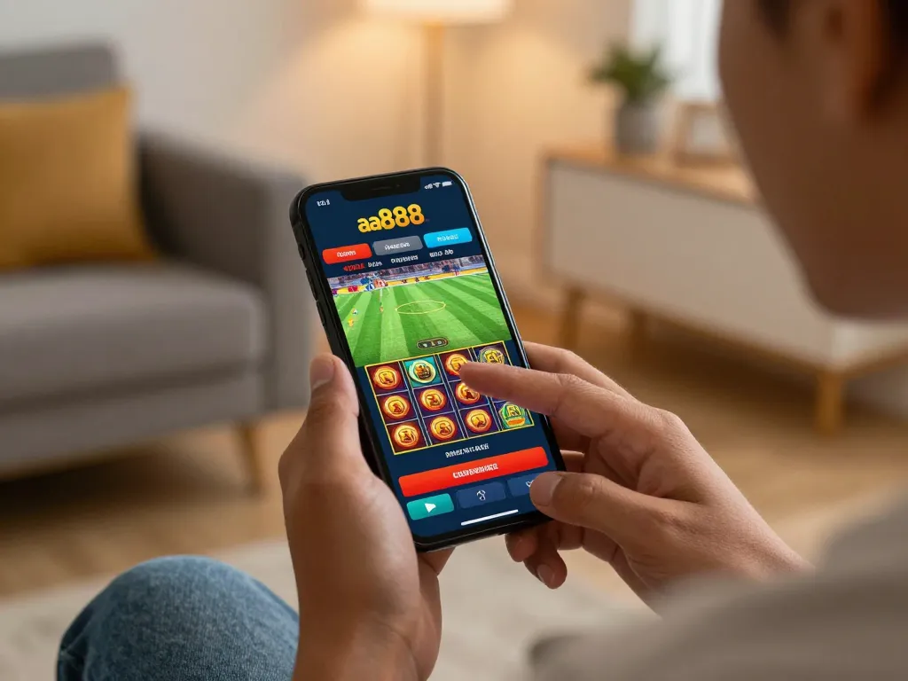 A person engaging with the aa888 casino app on their smartphone, placing a bet during live sports.