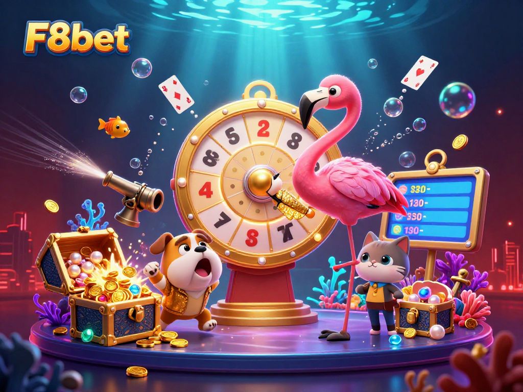 Spin the thrilling F8bet prize wheel with excitement as the flamingo host and contestant bulldog celebrate!
