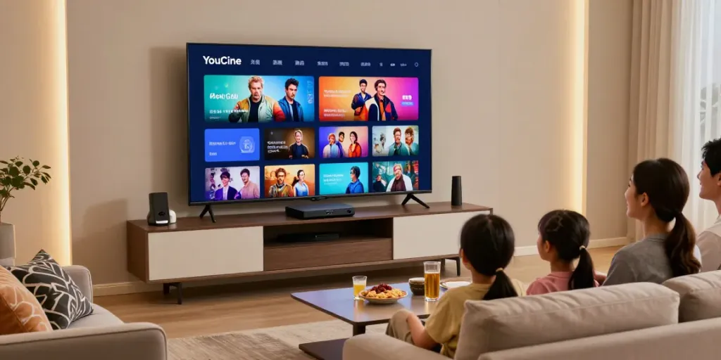 Você pode assistir filmes e séries com o Youcine TV Box em um console moderno de entretenimento em casa.