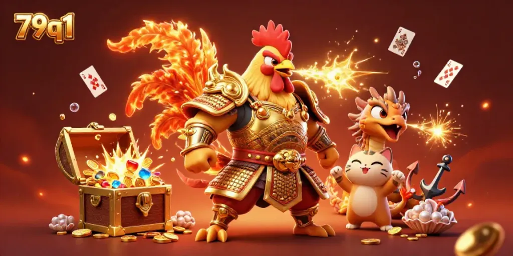 Engage in thrilling gameplay at 79q1, featuring a dynamic scene with a rooster warrior, dragon hatchling, and treasure elements.