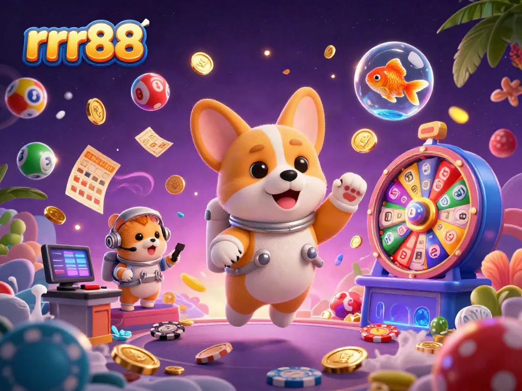Experience thrilling games at rrr88 with a vibrant 3D casino scene featuring floating toys and dynamic lottery elements.