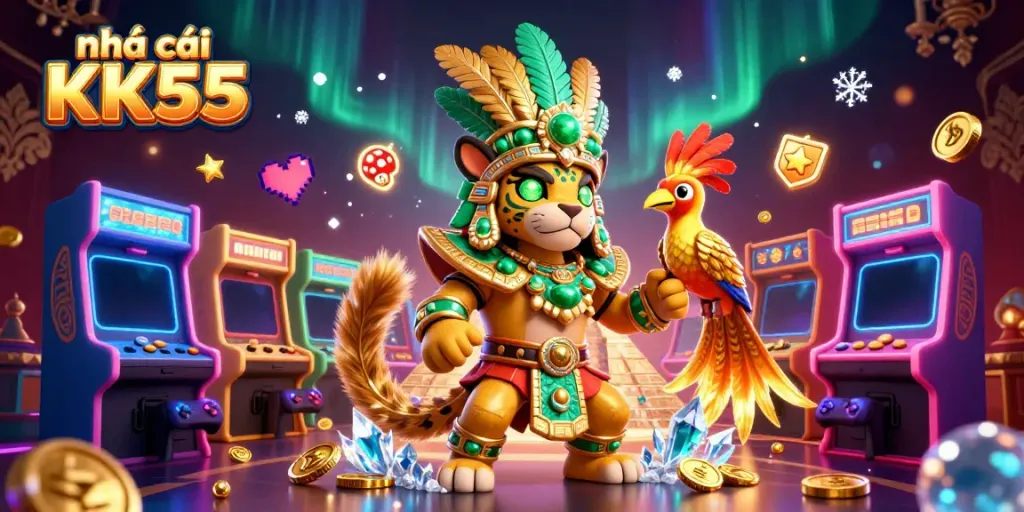 Engaging casino scene with characters representing nhà cái KK55, vibrant gaming elements, and rich colors.