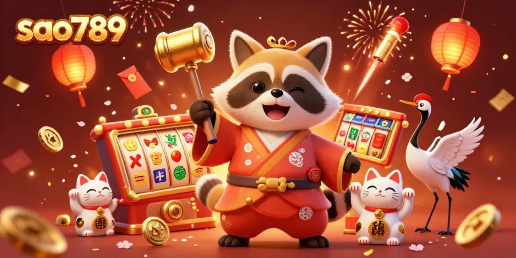 Experience exciting gameplay at sao789 with cheerful tanuki, golden slot reels, and festive elements in a stunning environment.