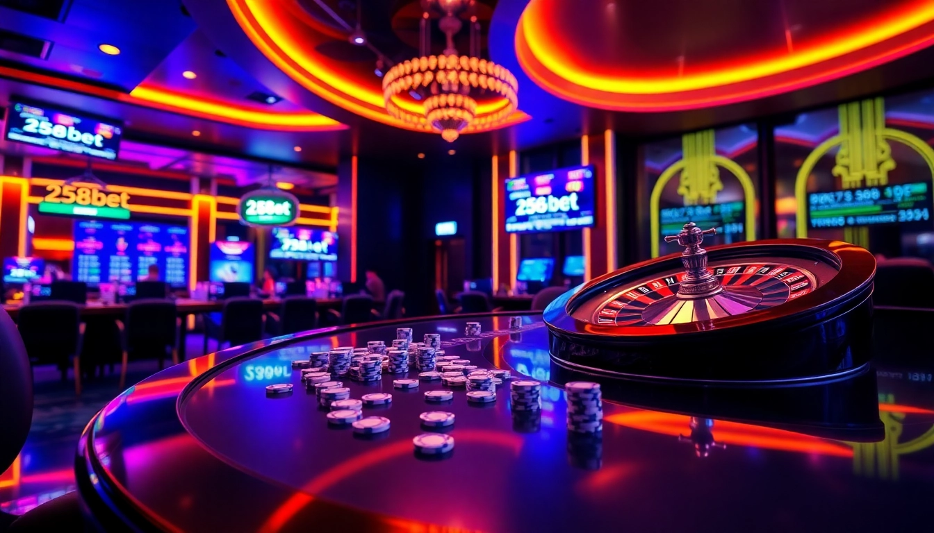 A dynamic gambling scene at 258bet showcasing intense gameplay at an online casino table with poker chips and a roulette wheel.