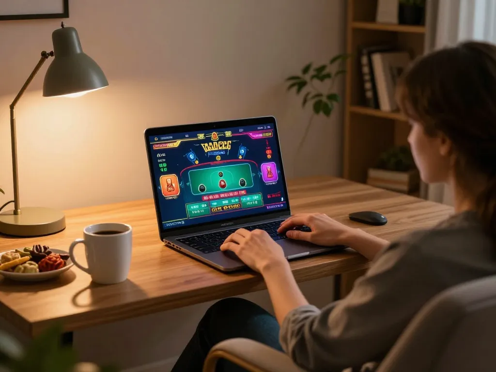 Rikvip online gaming experience with a person engaging in a vibrant live dealer game at home.