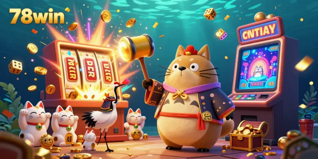 Experience the thrilling world of 78win with cheerful characters and vibrant casino elements exploding in a colorful jackpot.