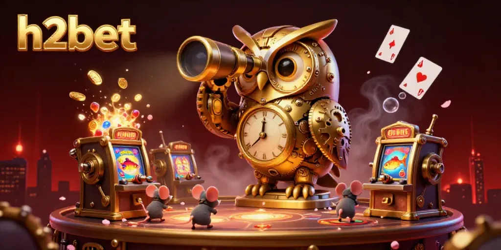Engage in thrilling slots at h2bet, featuring a whimsical owl and mouse amidst vibrant treasures and gaming action.