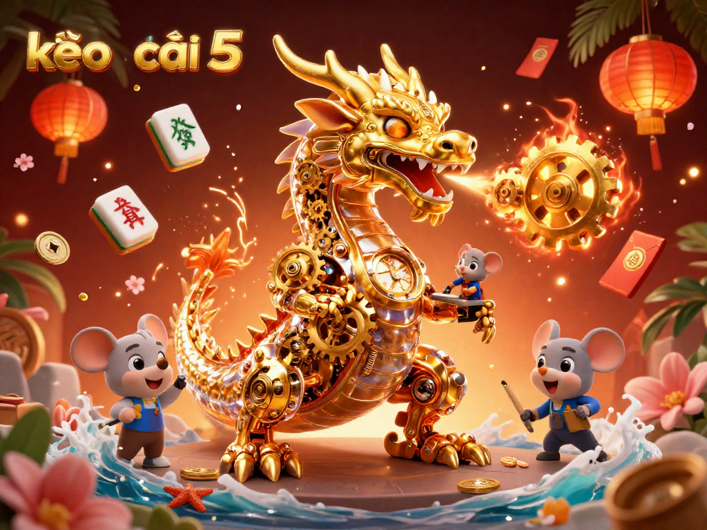 Engage with kèo nhà cái 5 in a stunning 3D casino scene with a golden dragon and vibrant gaming elements.
