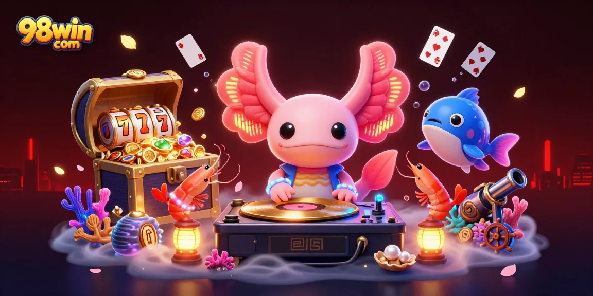 Engage in vibrant gameplay with 98win com as neon characters spin golden wheels among slot reels and treasures.