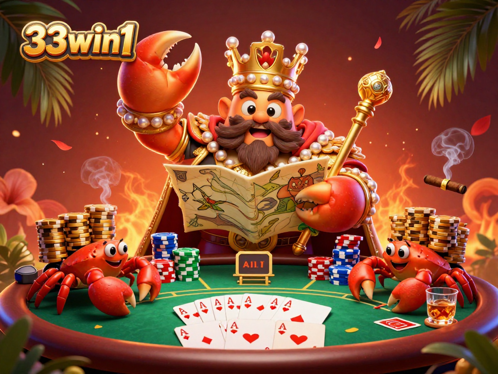 Engage with 33win1 in this dynamic poker scene featuring a golden crab emperor and vibrant casino elements.