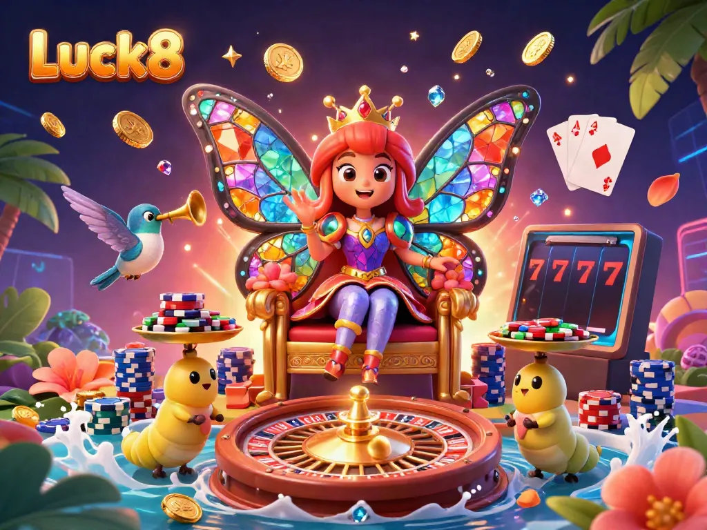Luck8 casino scene with a butterfly queen, chips, and spinning roulette for gamers.