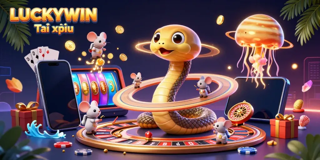 Experience exhilarating gaming action with LUCKYWIN Tài xỉu, featuring a vibrant casino scene with characters and dynamic elements.
