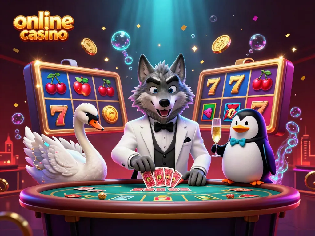 Experience the thrill of an online casino with a stylish wolf and elegant swan at a lively baccarat table.