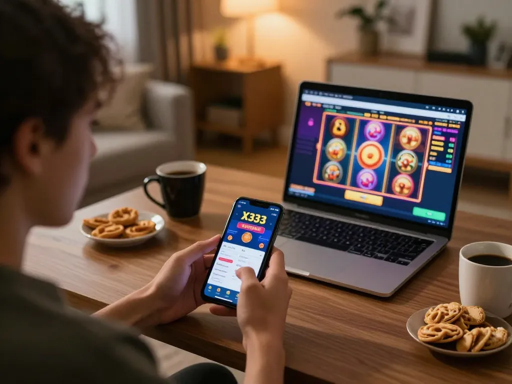 X333 casino app displayed on smartphone during an engaging online gaming session on a cozy home setup