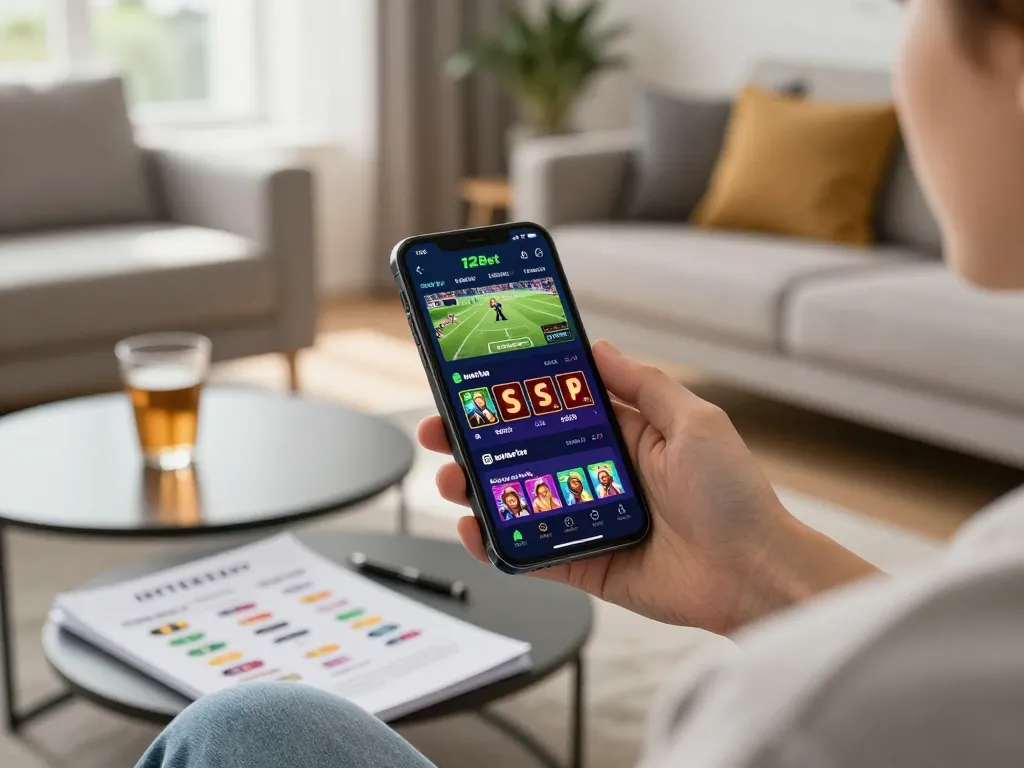 Usuário engajado interagindo com o app 12Bet no celular para apostas online em um aconchegante ambiente de sala de estar.