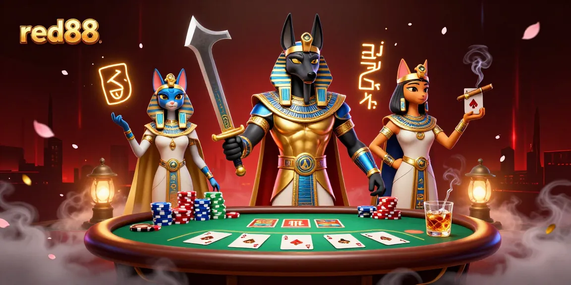 Engage in thrilling poker action at red88 with Anubis and Bastet amidst vibrant game elements.