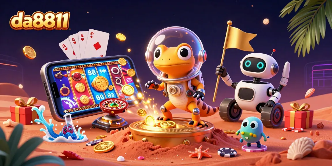 Engage with da8811's exciting alien casino adventure showcasing a Martian gecko, gold coins, and gaming elements.